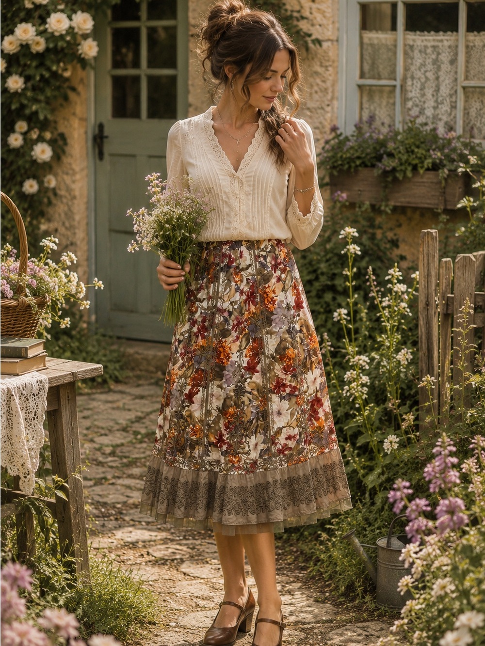 Peter Nygard Silk Cotton Embroidered Floral Boho Skirt Size 4
